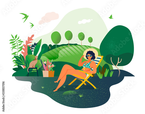 Happy Spring and summer. Relaxing in the garden. A modern flat vector concept illustrates a young woman sitting in a chaise longue. Summer entertainment. Hello, summer. Vector illustration 