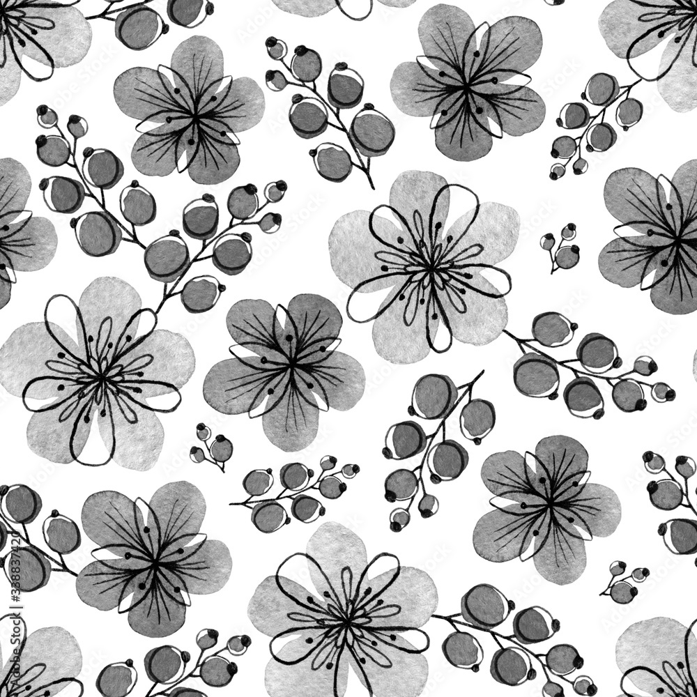 Obraz premium Monochrome black and white floral pattern. Seamless texture of hand drawn flowers and berries