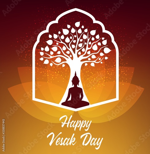 Vesak Day holiday. Buddha sitting under Bodhi tree meditate in lotus pose. Buddhism religion vector poster. Happy Vesak Day birthday celebration, enlightenment and death of Buddha