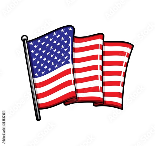 USA flag on flagpole isolated heraldic vector icon. Waving folded canvas with red stripes and white stars on blue field. United States of America national symbol on vertical stick, american USA flag