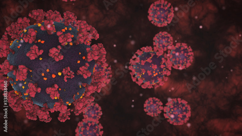 coronavirus, covid-19 microscope view, pandemic danger (3d render)