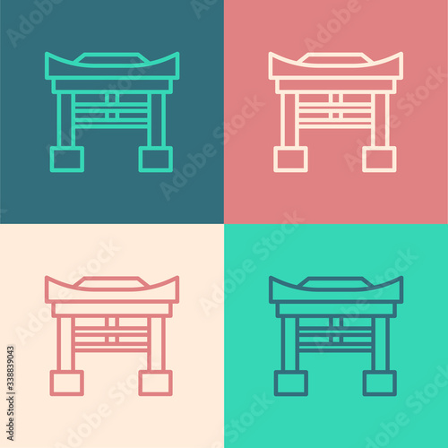 Pop art line Japan Gate icon isolated on color background. Torii gate sign. Japanese traditional classic gate symbol.  Vector Illustration