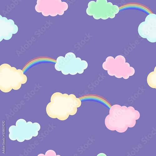 Vector seamless pattern with clouds and rainbow on purple background. For fabric, textile, linen, wallpaper, gift and wrapping paper, greeting card, children's holiday and party invitations, pajamas.