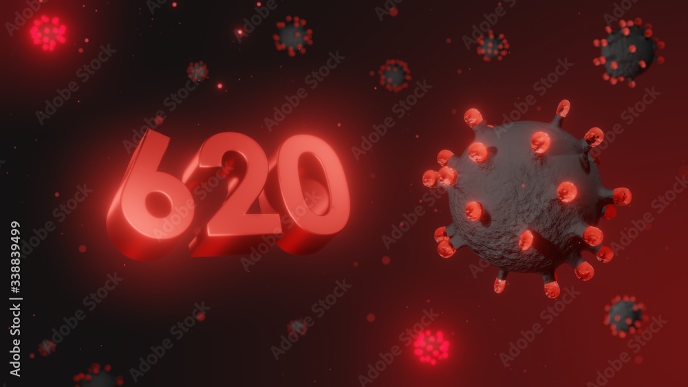 Number 620 in red 3d text on dark corona virus background, 3d render, illustration, virus Number 620 in red 3d text on dark corona virus background, 3d render, illustration, virus