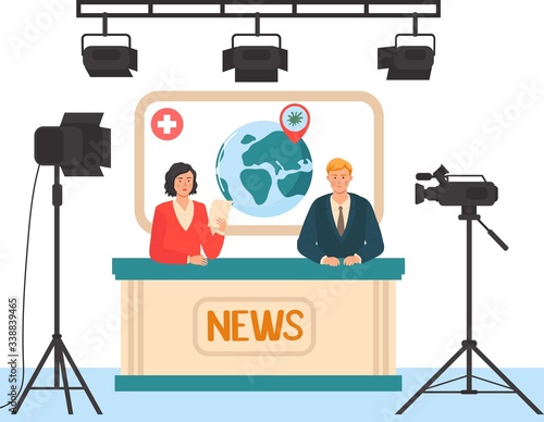 Newsman character male, female world virus news, pandemic, concept broadcast studio, flat vector illustration. Globe Earth, virus sing, spotlight, map, coronavirus, tv emergency information.