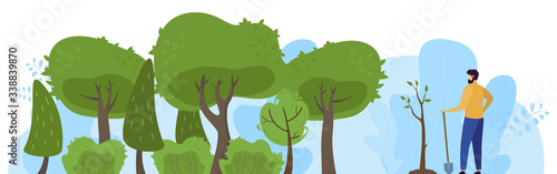 Plant tree in park, male character save planet, forester person, flat vector illustration. Man shovel plant bush, sapling, protect nature, clean air. Caring for globe earth, eco friendly activist.