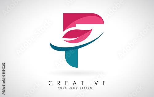 Blue and Red Letter F with Leaf and Creative Swoosh Logo Design.
