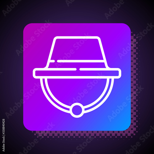White line Camping hat icon isolated on black background. Beach hat panama. Explorer travelers hat for hunting, hiking, tourism. Square color button. Vector Illustration