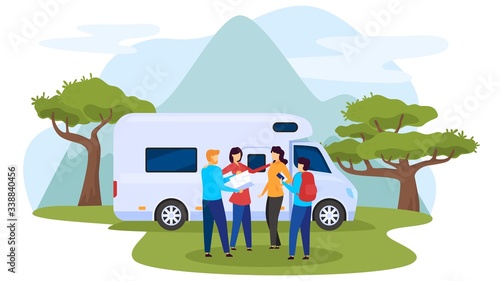 Outdoor recreation, character people rest, national park, motorhome, camping site, flat vector illustration. Human male, female plot route, country travel, group of people wild rest.
