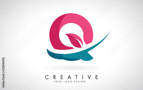 Blue and Red Letter Q with Leaf and Creative Swoosh Logo Design.