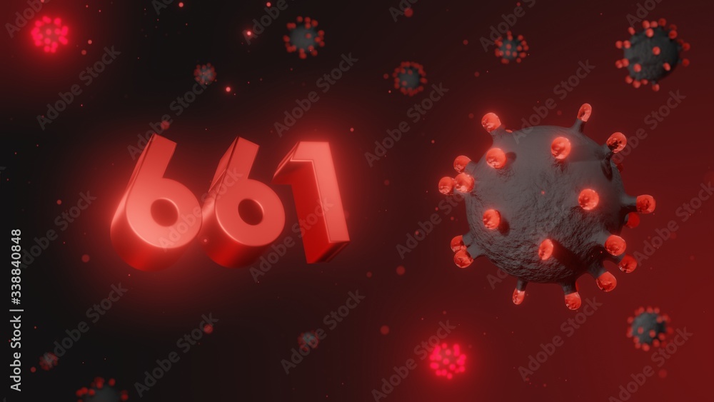 Number 661 in red 3d text on dark corona virus background, 3d render, illustration, virus Number 661 in red 3d text on dark corona virus background, 3d render, illustration, virus