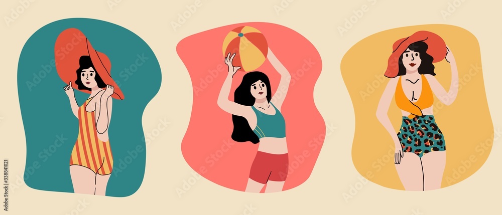Set of hand drawn beautiful ladies. Women posing in colored swimsuits. Young Women Enjoying Summer on the beach. Sunbathing. Cartoon style. Flat design.