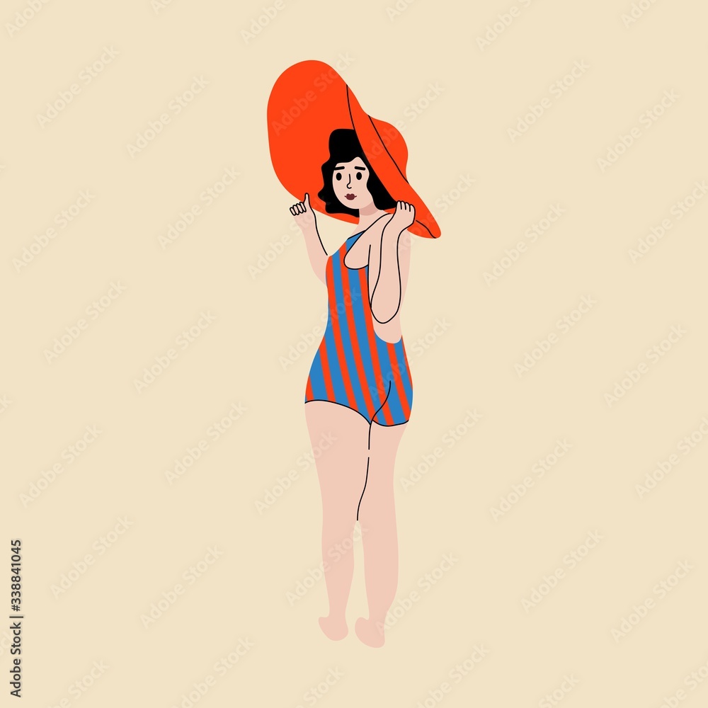 Hand drawn beautiful ladies. Women posing in colored swimsuits. Young Women Enjoying Summer on the beach. Sunbathing. Cartoon style. Flat design Hand drawn beautiful ladies. Women posing in colored swimsuits. Young Women Enjoying Summer on the beach. Sunbathing. Cartoon style. Flat design