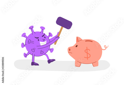 Coronavirus covid-19 economic crisis concept - evil virus breaks a moneybox with hammer, corona pandemic and global financial situation in the world - flat cartoon character spot illustration vector