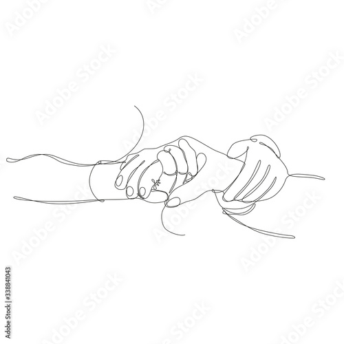 Foto mani che tengono le mani, medico e paziente, empatia, disegno a singola linea co