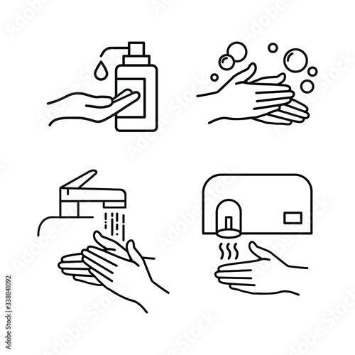 Hand washing with soap icon. Lettering Wash Your Hands. Hand drawn vector illustration of black color, isolated on white background. Remarkable icons shows messages ''stay safe'' or ''stay clean''