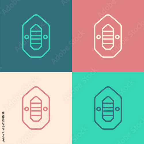 Pop art line Rafting boat icon isolated on color background. Inflatable boat. Water sports, extreme sports, holiday, vacation.  Vector Illustration