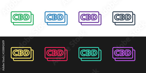 Set line Cannabis molecule icon isolated on black and white background. Cannabidiol molecular structures, THC and CBD formula. Marijuana sign.  Vector Illustration