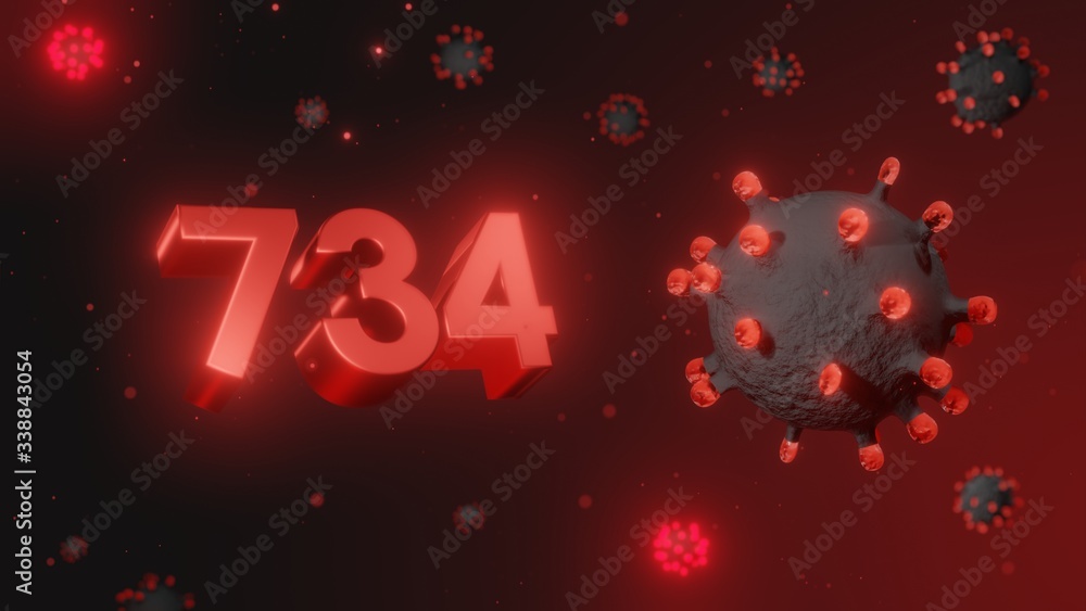 Number 734 in red 3d text on dark corona virus background, 3d render, illustration, virus Number 734 in red 3d text on dark corona virus background, 3d render, illustration, virus
