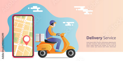 Online express delivery concept. Delivery man riding scooter motorcycle for service with location mobile application. E-commerce concept.