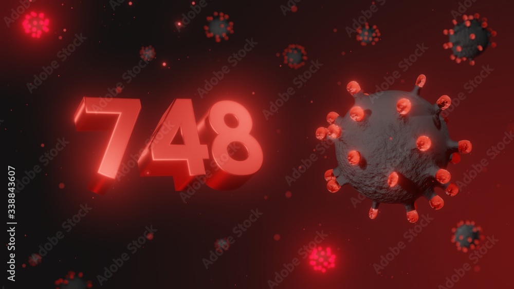 Number 748 in red 3d text on dark corona virus background, 3d render, illustration, virus Number 748 in red 3d text on dark corona virus background, 3d render, illustration, virus