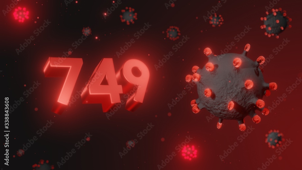 Number 749 in red 3d text on dark corona virus background, 3d render, illustration, virus Number 749 in red 3d text on dark corona virus background, 3d render, illustration, virus