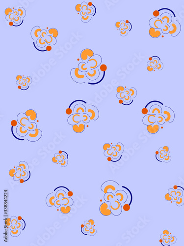 Abstract blue background with stylized orange flowers.