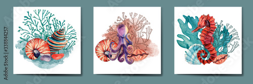 Set of watercolor cards with sea treasures, print and pattern underwater world, sea star, coral,  sea life 