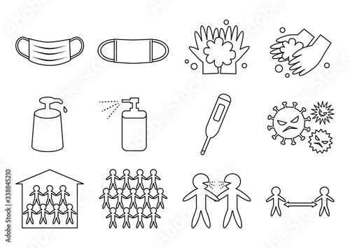 ウイルス感染予防のアイコンセット（アウトライン）