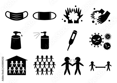 ウイルス感染予防のアイコンセット（黒）