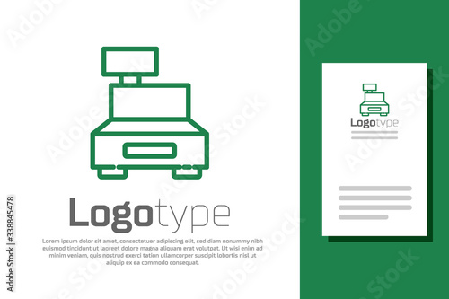 Green line Cash register machine with a check icon isolated on white background. Cashier sign. Cashbox symbol. Logo design template element. Vector Illustration