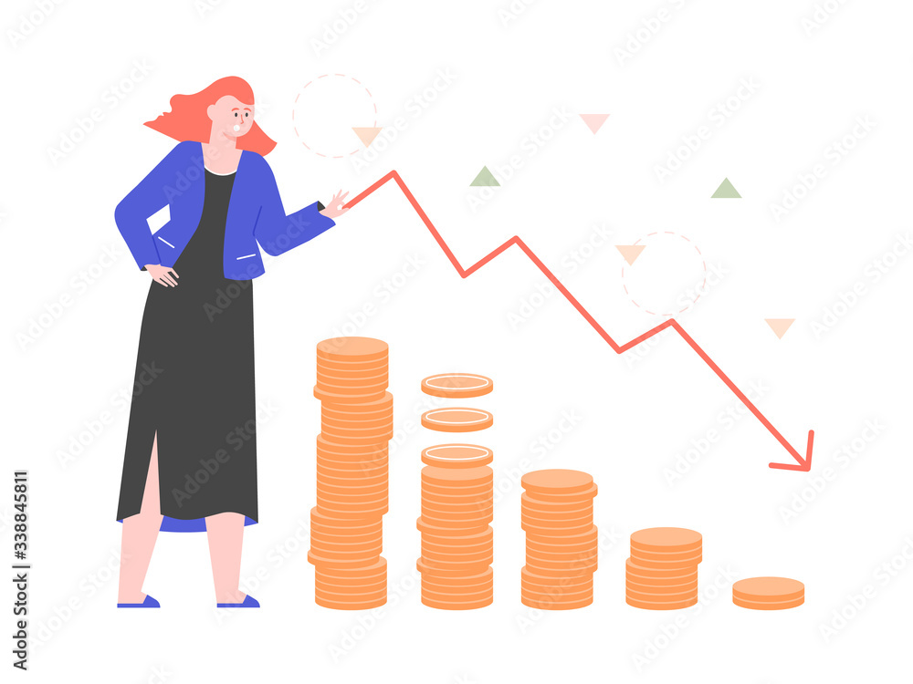 Girl stands next to a falling chart and decreasing stacks of coins. The collapse of the markets, lower profits and income. The economic and financial crisis. Vector flat illustration. Girl stands next to a falling chart and decreasing stacks of coins. The collapse of the markets, lower profits and income. The economic and financial crisis. Vector flat illustration.