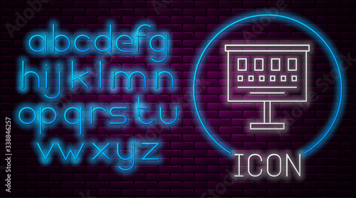 Glowing neon line Eye test chart icon isolated on brick wall background. Poster for vision testing in ophthalmic study. Snellen chart. Neon light alphabet. Vector Illustration