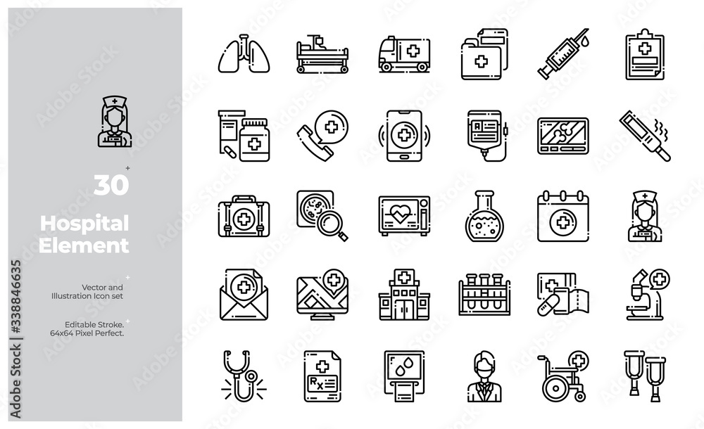 Vector Line Icons Set of Hospital and Healthcare Center Icon. Editable Stroke. Design for Website, Mobile App and Printable Material. Easy to Edit & Customize.