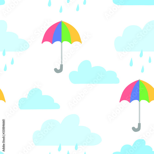Seamless pattern with rain clouds and a colorful umbrella. Cute childish background. Flat style. Vector illustration. White background.
