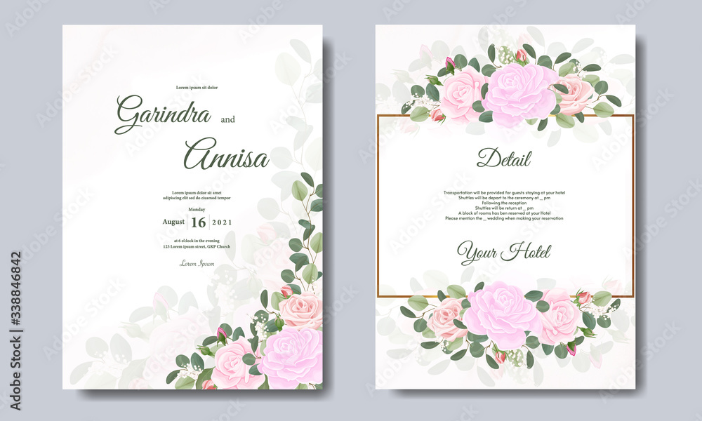 Elegant wedding card with beautiful floral and leaves template premium Vector