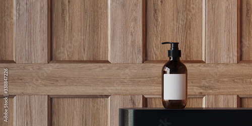 Fototapeta Naklejka Na Ścianę i Meble -  Minimal background for branding and product presentation. Cosmetic bottle on black metal podium and wood panel background. 3d rendering illustration.