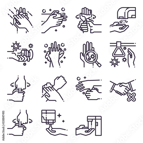 Step washing hands icon set line, dirtyness, virus transmission infection, disinfection alcohol hygienic illustration