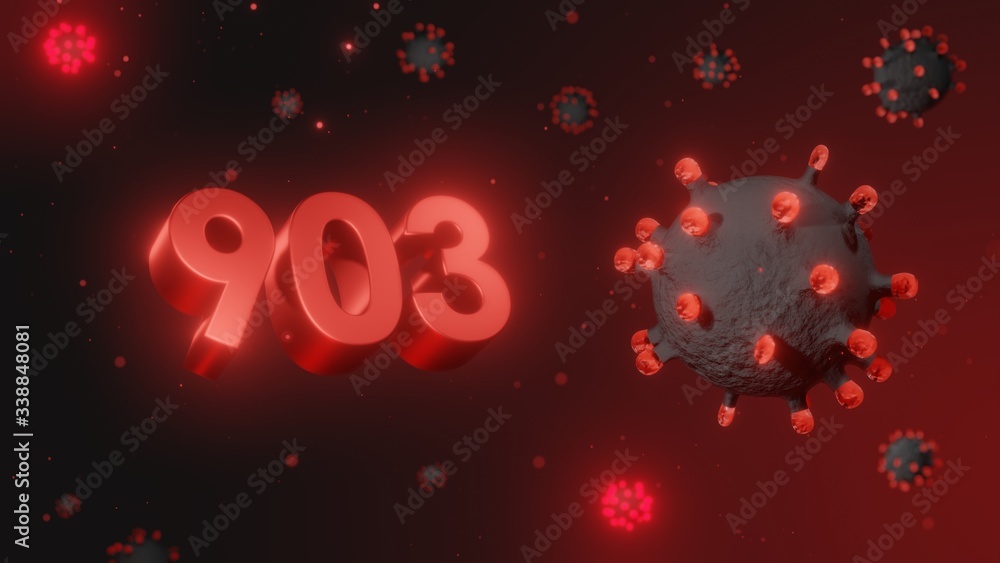 Number 903 in red 3d text on dark corona virus background, 3d render, illustration, virus