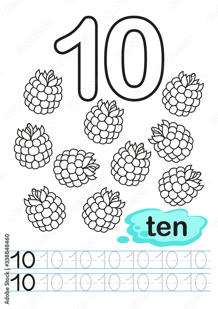 Vector coloring printable worksheet for kindergarten and preschool. Exercises for writing numbers. Learn numbers with bright fresh fruits count and color from 1 to 10