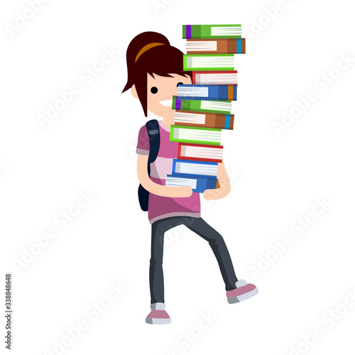 Funny girl student carries heavy stack of books. Problems of teaching children. comic situation. textbooks and notebooks of women - Cartoon flat illustration