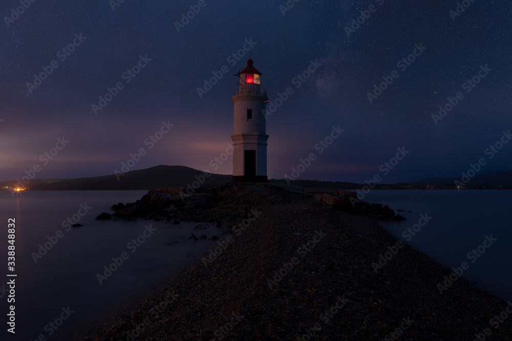 Tokarevsky lighthouse, Vladivostok, Russia on a starry night
