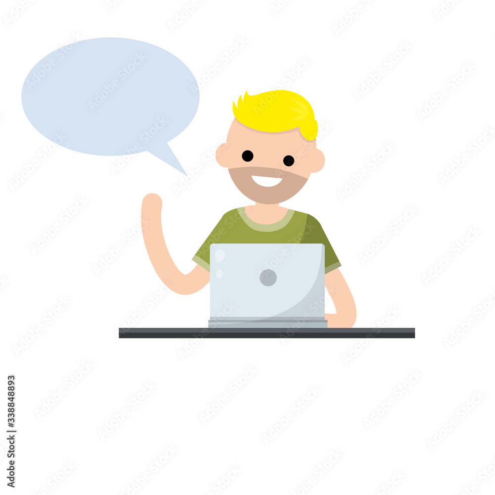 Man with laptop. Smiling happy guy talking. Study and education. Bubble dialogue and advice. Cartoon flat illustration. Student at school. Work at computer and speech