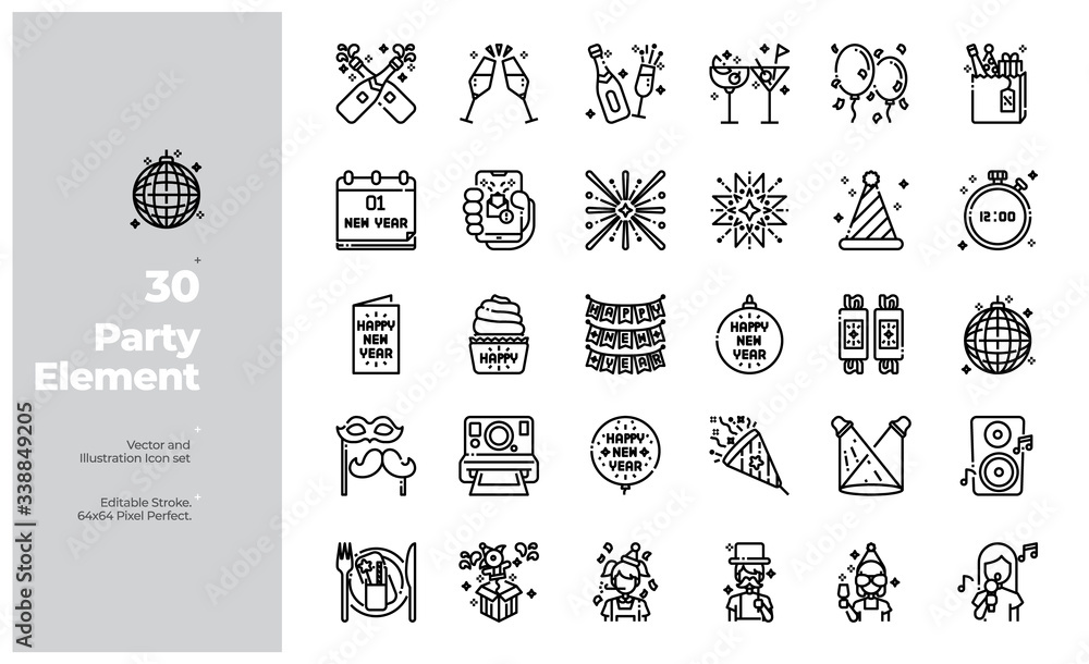 Vector Line Icons Set of New Year Party and Party Element Icon. Editable Stroke. Design for Website, Mobile App and Printable Material. Easy to Edit & Customize.