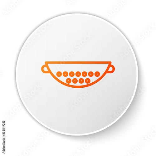 Orange line Kitchen colander icon isolated on white background. Cooking utensil. Cutlery sign. White circle button. Vector Illustration
