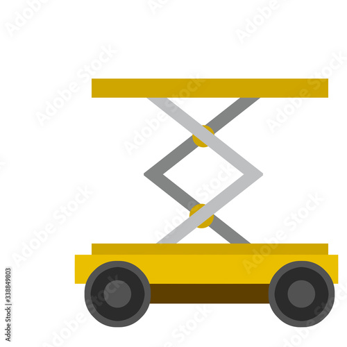 Lift on wheels. Warehouse cart. Storage element. Yellow mechanism. Cartoon flat illustration