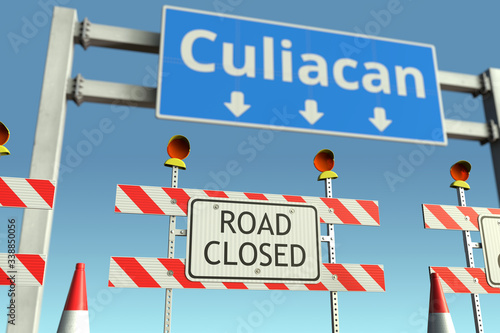 Barriers near Culiacan city traffic sign. Lockdown in Mexico conceptual 3D rendering © Alexey Novikov