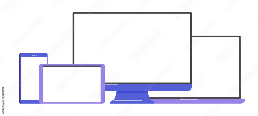 Set of vector mockups of devices. Computer monitor, laptop, tablet and smartphone. Flat design. Set of vector mockups of devices. Computer monitor, laptop, tablet and smartphone. Flat design.