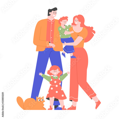 Family stands together. Dad, mom, son, daughter and cat. Vector flat illustration.