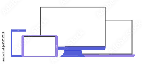 Set of vector mockups of devices. Computer monitor, laptop, tablet and smartphone. Flat design.